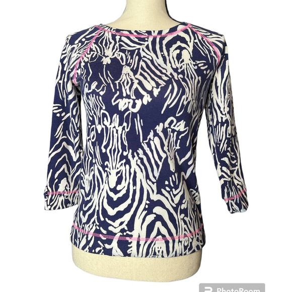 Lilly Pullitzer Girls Top Size XL 12/14 in Blue White Zebra Print w/Pink Details - Picture 1 of 7
